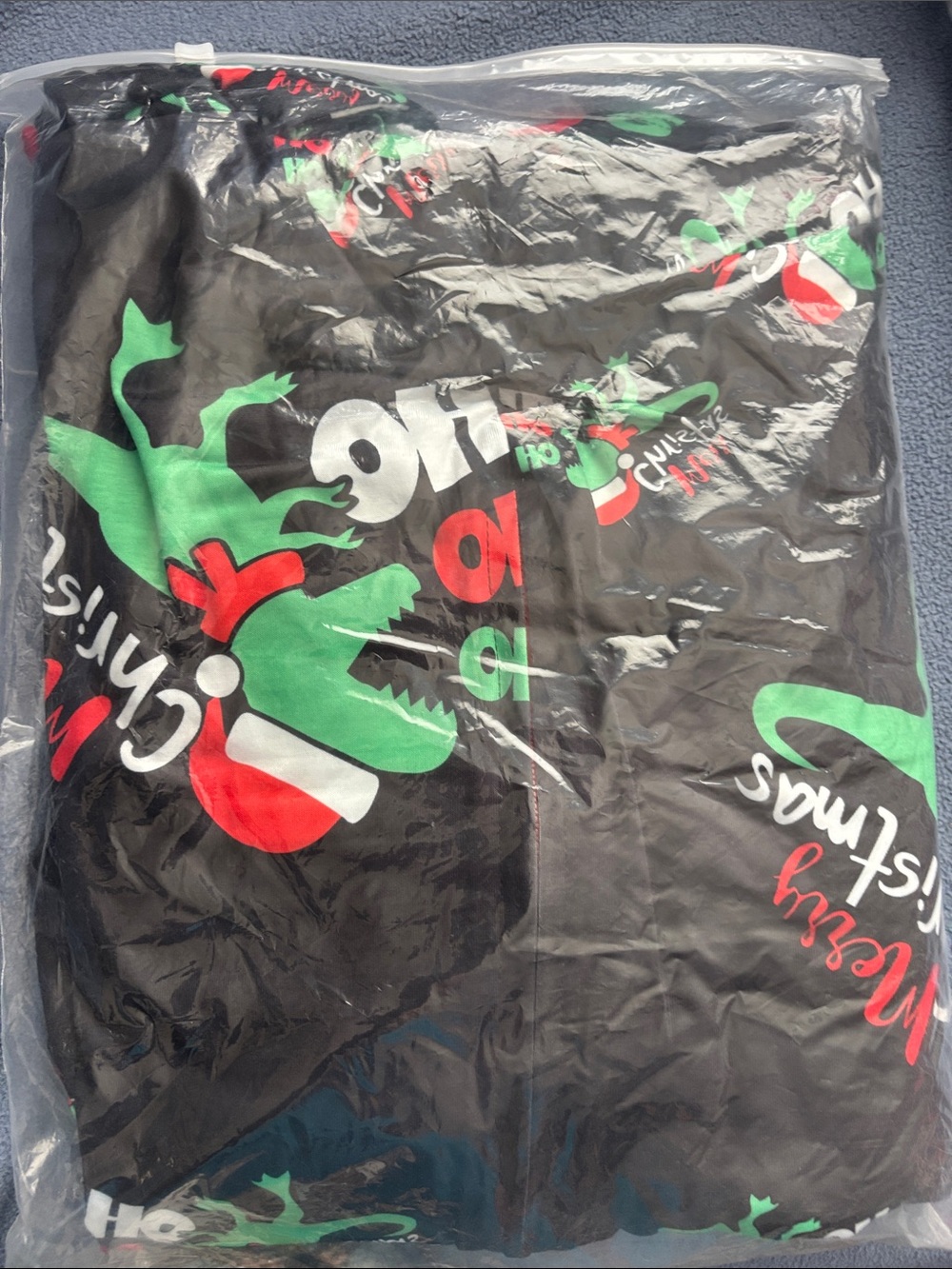 Black Holiday Graphic Pajama Top with Green & Red Dino Print